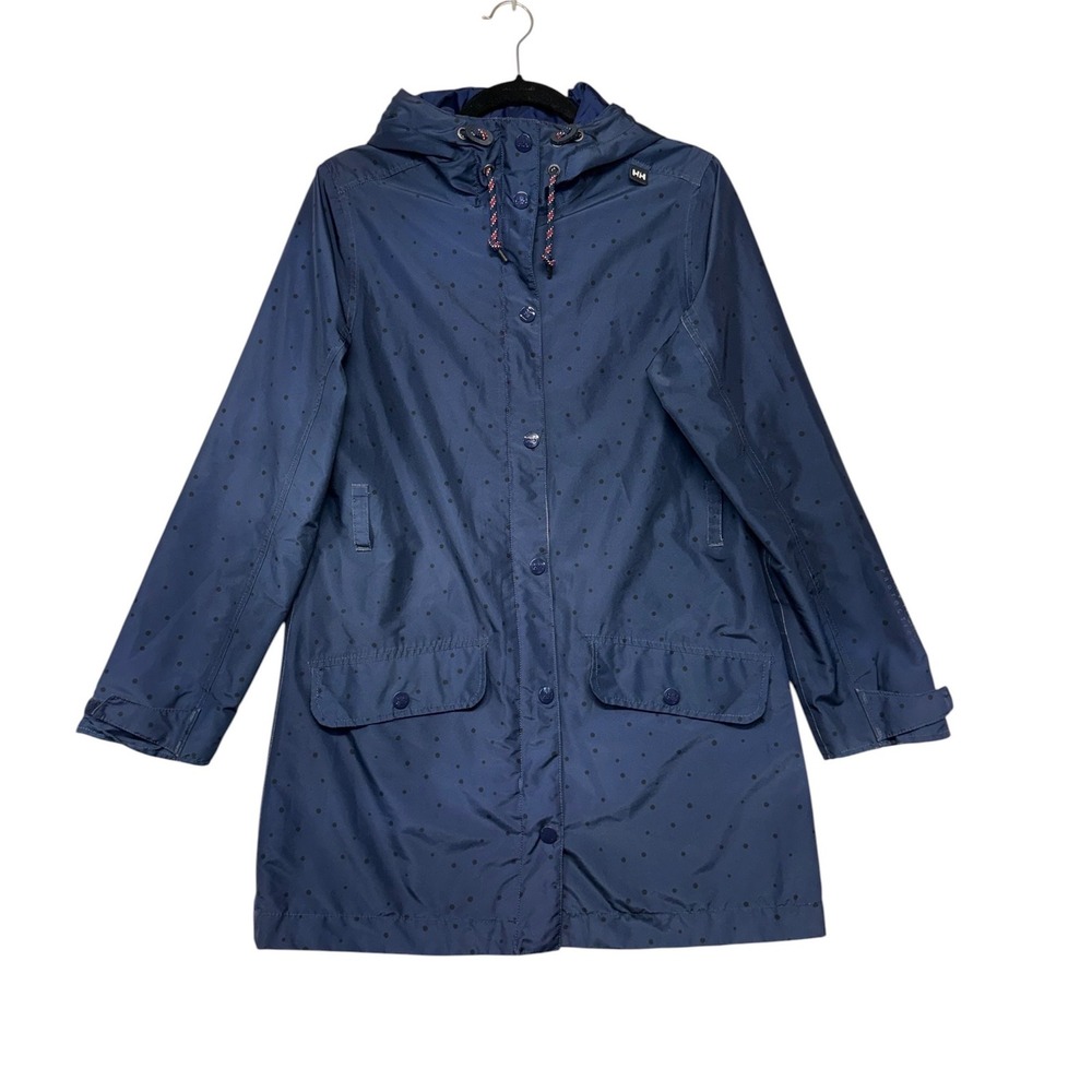 Helly Hansen Womens Navy Blue Polka Dot Hooded‎ Rain Jacket Coat Sz Medium